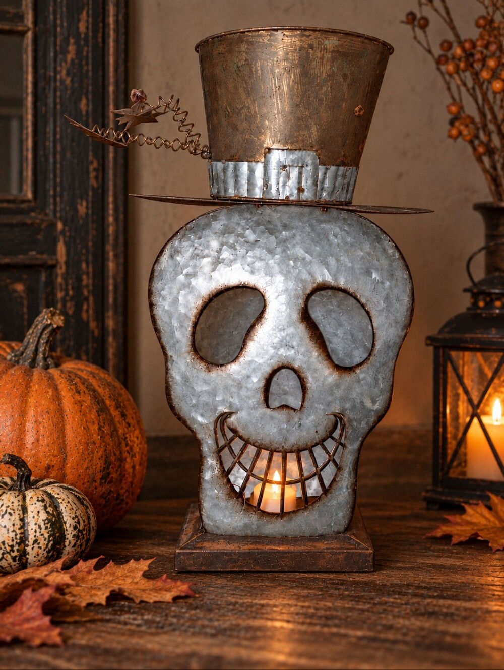 Spooky Vintage Metal Halloween Lantern / Haunted House Decor – Rustic Gothic